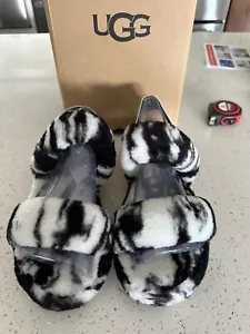 UGG BLACK FLUFF YEAH MARBLE SLIDE SHEEPSKIN SLIPPER SANDALS, US 7/ EUR 38 ~NIB - Picture 1 of 6