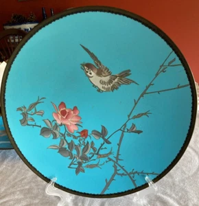 Antique Japanese Meiji Cloisonne Enameled Bird Charger Plate Circular Foot 12”W - Picture 1 of 15