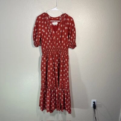 Anthropologie Felipa Rust Red Dress Small Ikat Print Stretch Waist Boho - Image 1 of 4