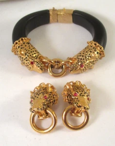 1987 FRANKLIN MINT DUCHESS OF WINDSOR DOUBLE PANTHER BRACELET & CLIP-ON EARRINGS - Picture 1 of 15