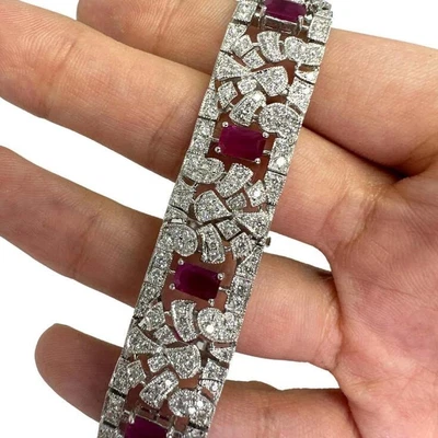 Pretty Floral Party Wear 12.32TCW Ruby & Sapphire 935 Silver Bracelet For Woman - Image 1 of 4