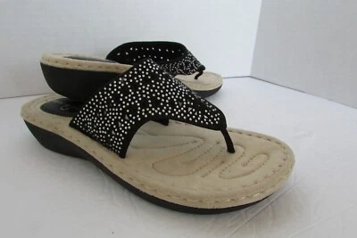 Mountain Sole 黑色楔形闪亮串珠拖鞋舒适人字拖凉鞋-9-全新 — 第 1/4 张图片