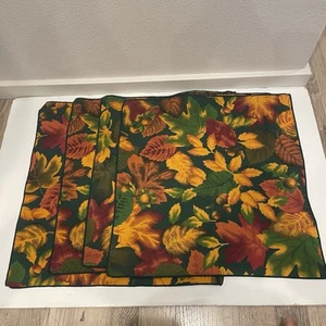 FALL Leaves Autumn Square Placemats Green Yellow Cotton Blend Set of 4 17"X17" - Picture 1 of 6
