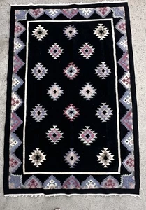 Vintage Wool Dhurrie Rug Handwoven Geometric Patterns Purple On Black “AS IS” - Picture 1 of 22