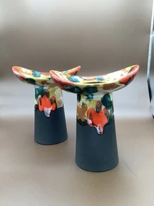 MCM Retro Art Pottery Lg Rim Vase Norleans Japan Multi-Colored 7” Tall Set Of 2 - Picture 1 of 10