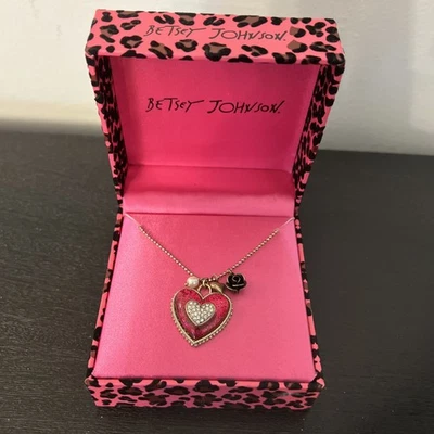 Betsey Johnson Gold Tone Pink Crystal Heart Pendant Necklace NWT - Image 1 of 4
