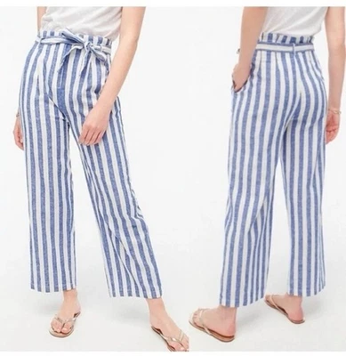 Nuevo J CREW Blanco Azul Rayas 18 Lino Algodón Pierna Ancha Bolsa de Papel Mujer Pantalones Foto 1 de 4