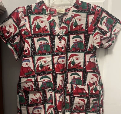 Tafford Christmas Holiday Santa Snowman Short Sleeve Scrub Top Size XS - Image 1 of 3