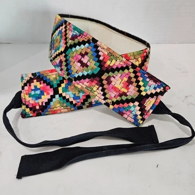 Handcrafted Vintage Multicolor Woven Waist Belt With Adjustable Black Ties - Image 1 of 4