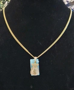 14k Gold Over 925 Silver Moissanite Money Bag Pendant w/ 26" 3.5mm Miami Cuban - Picture 1 of 5