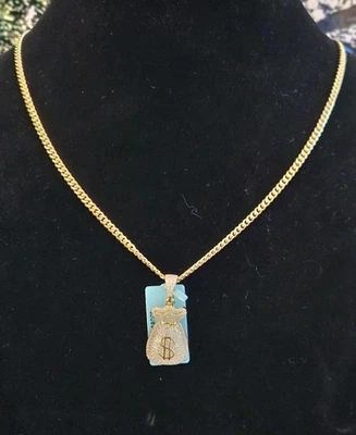 Colgante Bolsa de Dinero Moissanita Oro 14k Sobre Plata 925 con 26" 3.5mm Miami Cuban  Foto 1 de 4
