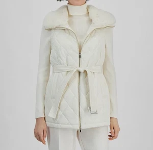 Anne Klein Women's White Faux-Fur Collar Quilted Belted Vest Size XS - Picture 1 of 4