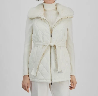 Anne Klein Women's White Faux-Fur Collar Quilted Belted Vest Size XS - Image 1 of 4