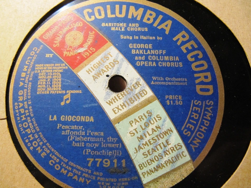 1918 Georges Baklanoff Russian Baritone GIOCONDA Pescator affonda COLUMBIA 77911 - Image 1 of 1