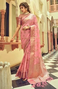 Women's Jacquard Woven Self Design Cotton Silk Saree With Unstich Blouse Piece - Picture 1 of 6