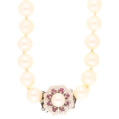 9Carat White Gold 15.5" Natural Pearl Necklace w/Ruby & Diamond Clasp (8mm Wide) - Image 1 of 4