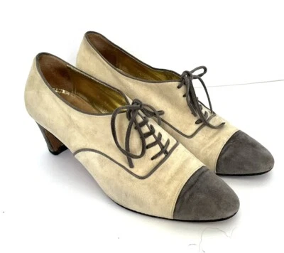 ESCADA Women's Tan/Gray Suede lace Up Shoes Heels Pumps SIZE 8.5 B Made In ITALY - Image 1 of 4