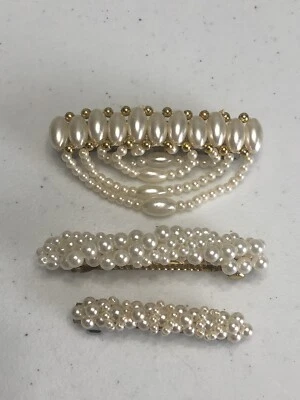 3 pasadores de pelo vintage. Cuentas de perlas de imitación crema/beige cosidas en pasador Foto 1 de 4