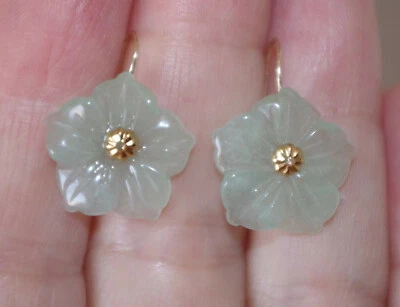 14K Hand Made Jadeite Jade Carved Flower Earrings - Image 1 of 4