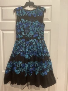 Abito donna Tahari ASL taglia 8 blu nero ricamato tulle floreale aderente e svasato - Foto 1 di 4