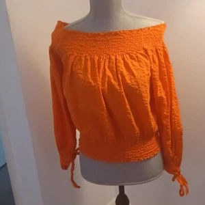 Melrose and Market Ladies Vibrant Orange Off-Shoulder Blouse Top Cotton EUC Sma - Picture 1 of 5
