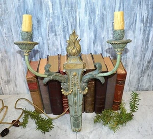 Antique French Empire Flame Gilded Wood Wall Sconce Light Fixture Turquoise - Picture 1 of 12