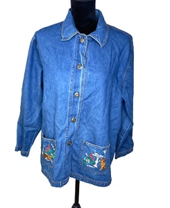 VTG 90s Blair Blue Denim Chore Jacket Embroidered Cats Garden Size M/L India - Picture 1 of 7