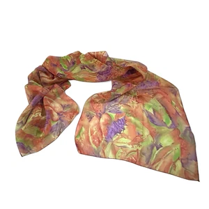 Abstract Floral Womens Scarf Wrap Purple Green Orange Red Flowers 57"x13.5" - Picture 1 of 5