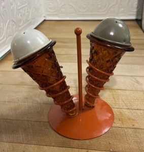 Vintage Ice Cream Cone Style Salt/Pepper Shakers in Holder - Picture 1 of 3