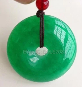 Chinese Natural Green Jade Round Buckle Harmony Lucky Pendant + Rope Necklace - Picture 1 of 8