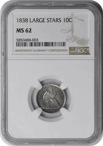 1838 Liberty Seated Silver Dime Large Stars MS62 NGC Cover