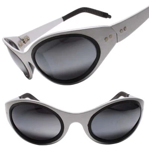 Deadstock Genuine Vintage Retro Futuristic Metal Silver Frame Oval Sunglasses - Bild 1 von 3