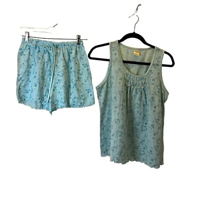 Croft & Barrow Azul Floral Encaje Volantes Sin Mangas Top 2 Piezas PJ Conjunto Corto Coqueta S Foto 1 de 4