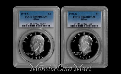 1971-S Silver Eisenhower Dollars PCGS PR69DCAM - "Peg Leg"/Non-"Peg Leg" Example - Image 1 of 3