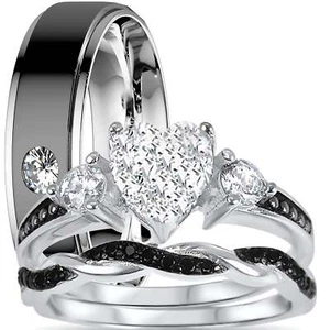 His Hers Silver Steel Black Wedding Rings Set - Picture 1 of 5