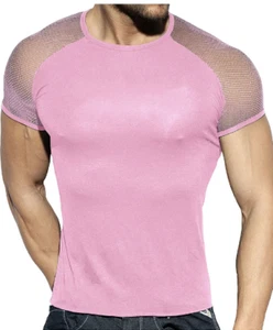 💖👚 Rosa Mesh See-Through Tee Patchwork Kurzarm Rave Club Festival Top L - Bild 1 von 3