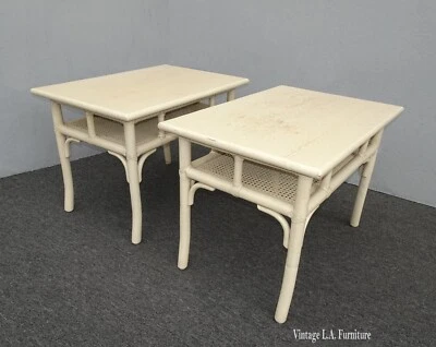 Pair of Authentic McGuire Bamboo Cane Off White End Tables ~ French Country - Image 1 of 4