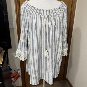 Womens Blouse Pullover Sz Med Silver Thread Blue Stripe Off The Shoulder - Picture 1 of 11