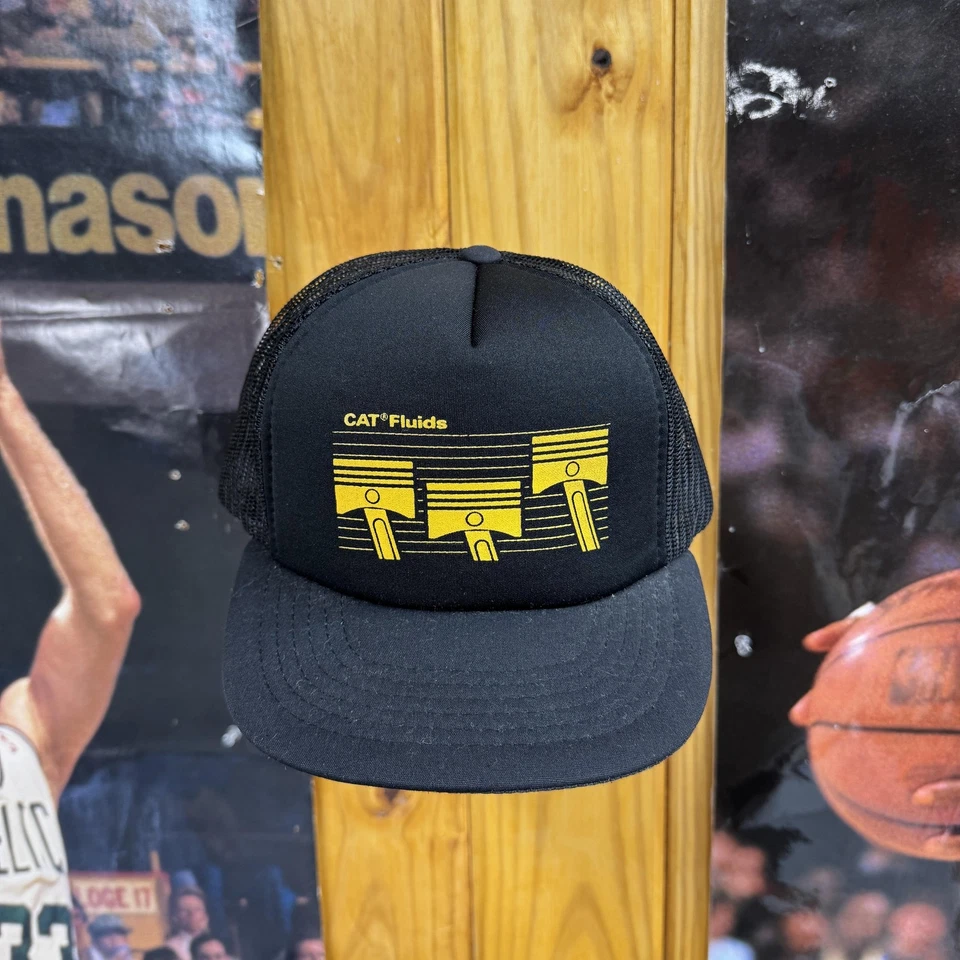 Vintage CAT Fluids Hat Cap Snap Back Black Mesh Trucker Advertising Mens 90s - Image 1 of 4