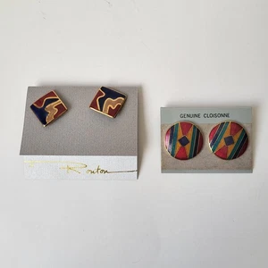 Vintage Cloisonne Colorful Abstract Enamel Earrings Routon Retro Square Circle - Picture 1 of 6