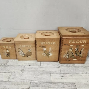 MCM Dovetail Wooden Golden Rooster Nesting Kitchen Canister Set Made In Japan - Picture 1 of 13