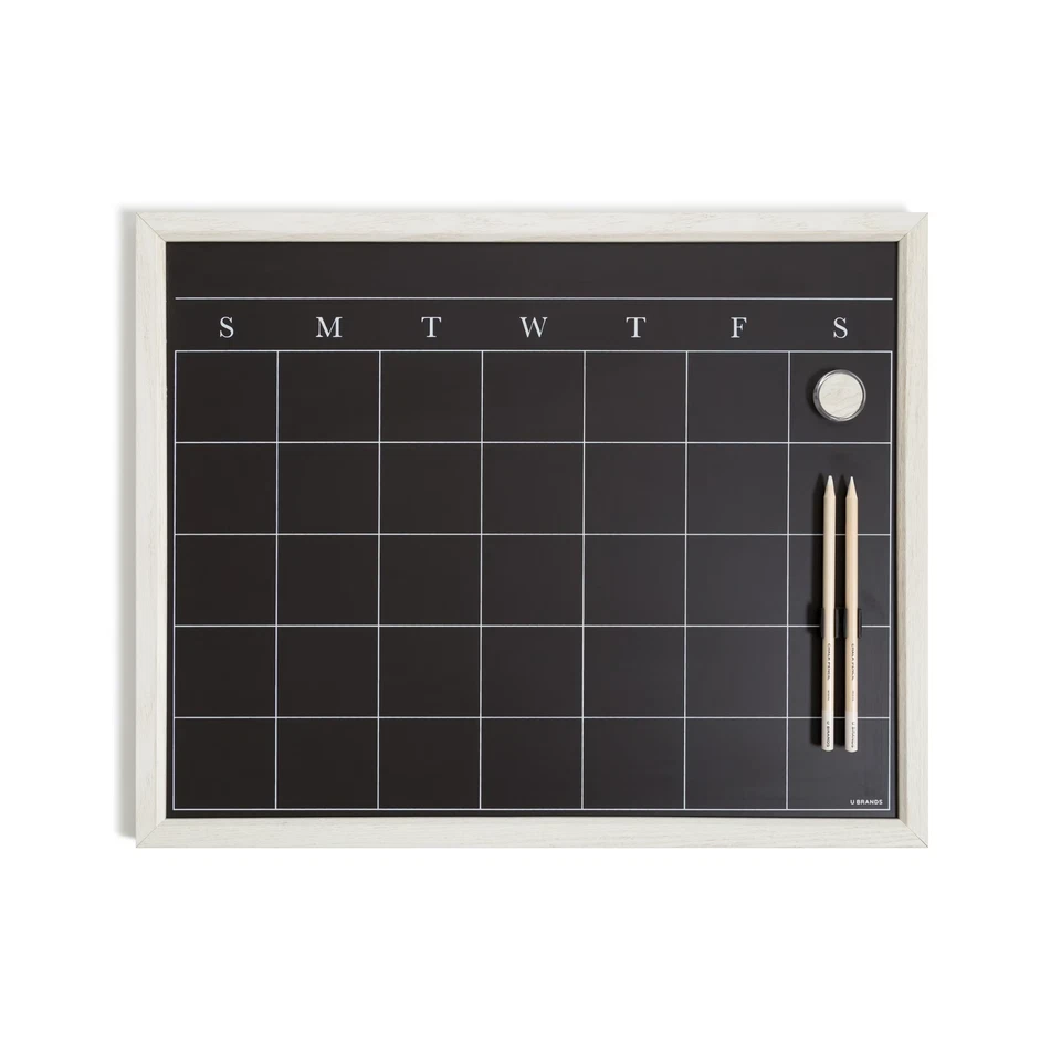 U Brands 20 x 16 in. Magnetic Chalk Calendar Board, Whitewashed Wood Style Frame - Image 1 of 4