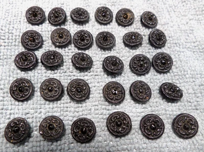 30 Vintage Antique Diminutive Black Glass Buttons FLOWERS - Image 1 of 4