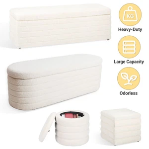 Upholstered Storage Ottoman Round Bench Footstool Footrest Box Seat with Lid - Picture 1 of 26