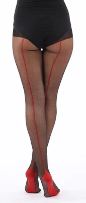 BLACK/RED CUBAN HEEL SEXY TIGHTS  WITH A BACK SEAM  Fits SIZES 8-14 FREE POSTAGE - Image 1 of 2