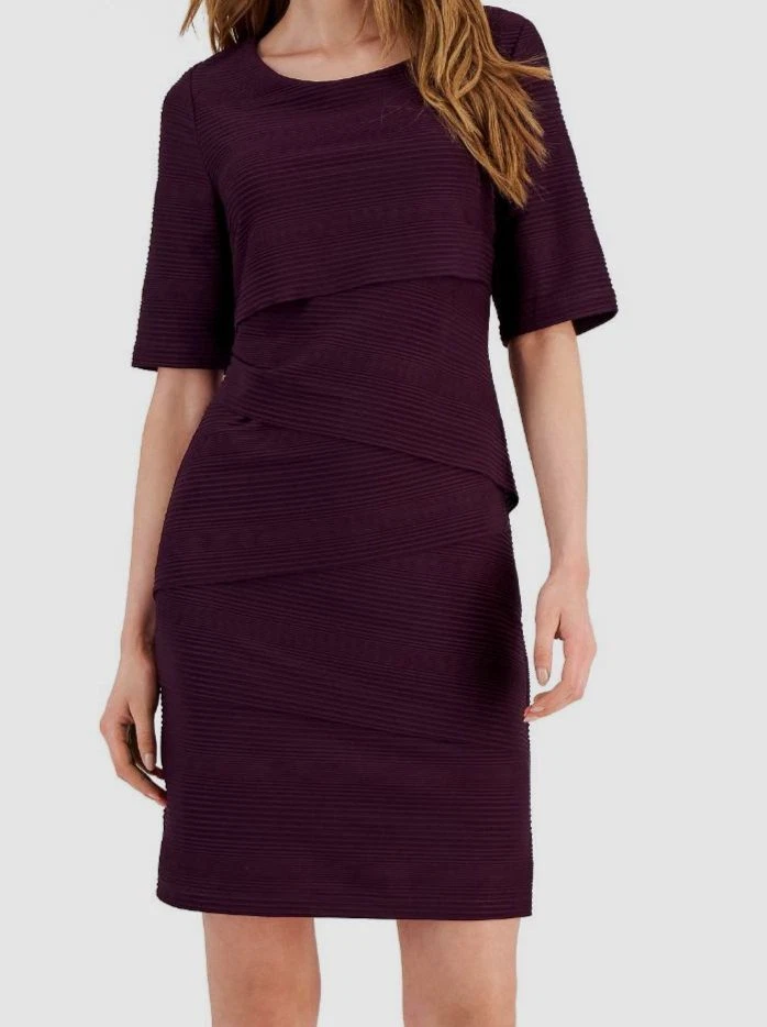 Connected Apparel Tiered Ribbed Jersey Sheath Dress Women's 10 Bordeaux Pullover