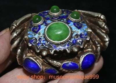 3.2" Old China Chinese Silver Cloisonne inlay Green jade crab statue - Image 1 of 4