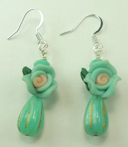 Türkis Tschechische Briolette Ohrringe mit Blumen & Kristall Handarbeit Schmuck - Bild 1 von 1