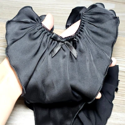 Vintage Shiny Satin Panty Black Flutter Thong Girlly Bikini Size 7/L Hip 37-40" - Image 1 of 4