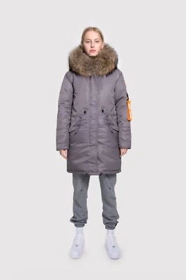 Arctic Army Grey unisex Medium Parka Coat, with a detachable raccoon fur hood - Image 1 of 4